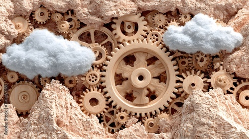 Fototapeta Naklejka Na Ścianę i Meble -  Fluffy Clouds and Industrial Gearwork Abstraction