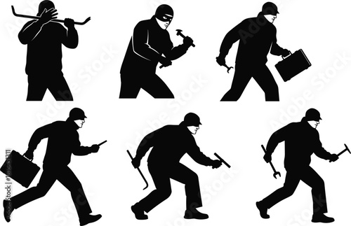 Black silhouettes of professional burglars and criminals in different poses holding tools like crowbars, hammers, and briefcases, illustration depicting housebreaking, theft, and security risk 