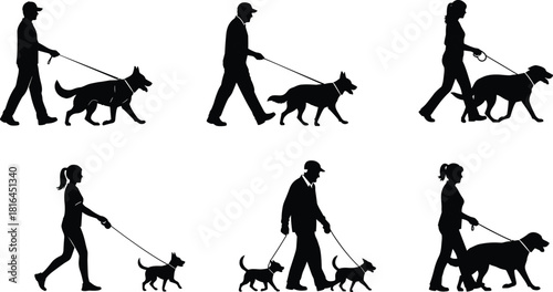 Black Silhouette Vector Set of People Walking Pet Dogs Diverse Figures on Leashes with Different Sized Animals for Veterinary Clinic Grooming Service and Training Graphics