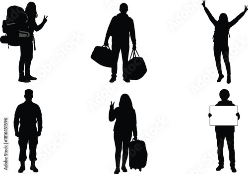 Diverse People Silhouettes Set Traveling Hiking Military Vector Graphics, Man and Woman with Backpack Luggage Suitcase, Soldier Standing Victory Sign Holding Blank Signboard, Isolated Collection