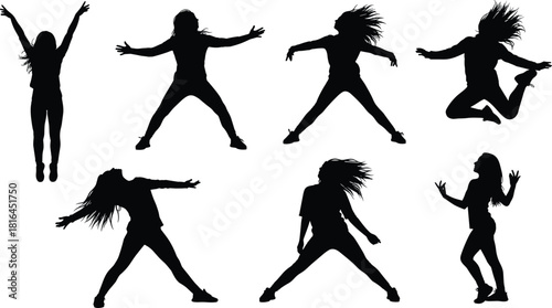 Dynamic Set of Female Dancer Silhouettes Vector Collection with Hair in Motion Figures Jumping Moving and Posing for Dance Fitness Exercise and Youth Energy Graphics.