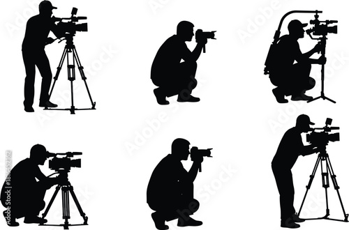 Collection of Videographer and Photographer Silhouettes Black Vector Set of Cameramen Using Cameras Tripods and Steadicam for Media Production Journalism Filmmaking and Cinematography.