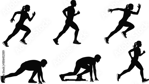 Runners and Sprinters Silhouettes Set, Male and Female Athletes Running Jogging and Starting Position, Track and Field Competition Sport Fitness Vector Graphic, Healthy Lifestyle Isolated