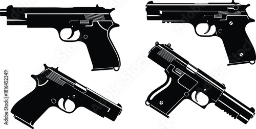 Set of Handgun Pistol Silhouette Vectors Different Poses Black and White Illustration for Security Crime Military Police Defense Self Protection and Gun Control Themes.