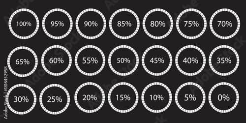 Percentage number icon set vector illustration featuring segmented blue radial pie charts displaying progress from 0% to 100%, perfect for data visualization, infographics, and loading indicators.