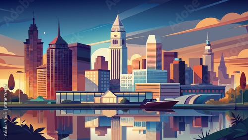 Very beautiful semi-realistic vector view of downtown Cleveland, Ohio, featuring a clean skyline, modern high-rise silhouettes, calm waterfront, soft evening light, and a clear atmospheric horizon sui