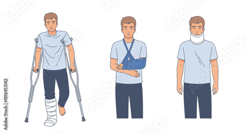 Man with a cast, arm sling, and neck brace shows injury and recovery, perfect for healthcare, insurance, and medical illustration needs featuring vector design
