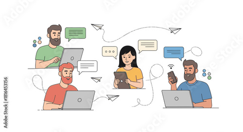 Team collaboration with digital tools, remote work and communication concept, diverse group of people connecting and sharing ideas online, modern business