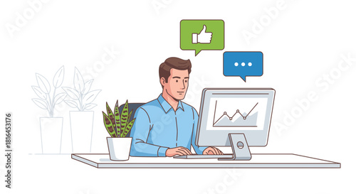 Young professional analyzing data trends at his desk, receiving positive feedback and messages, a modern workspace for success and growth in business