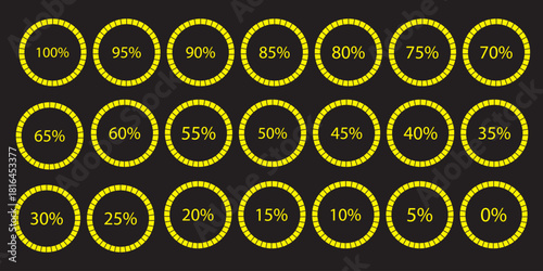 Percentage number icon set vector illustration featuring segmented blue radial pie charts displaying progress from 0% to 100%, perfect for data visualization, infographics, and loading indicators.