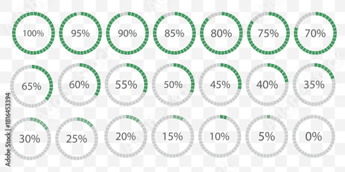 Percentage infographics flat elements. Round diagrams icons for infographics from 0 to 100 percent. Circle graph loading progress templates. Green, grey color fill divided pie charts indicators