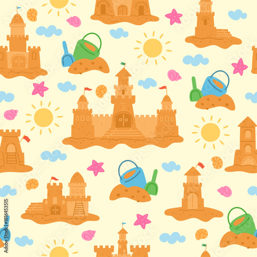 Yellow sand castles on beach seamless pattern. Summer sea holidays. Children game repeated print. Toy bucket and shovel. Kids buildings with towers and sandy walls. Vector background