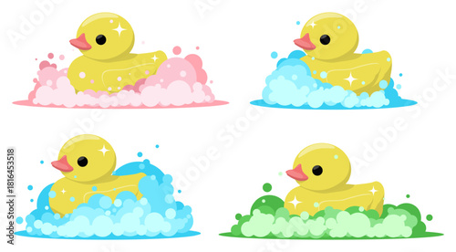 Yellow rubber duck toy in colorful soap suds. Baby bathroom game. Plastic bath birds on shampoo bubbles. Cleanser lather. Wash detergent mousse. Bathing play. Vector ducky animals set
