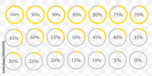 Percentage infographics flat elements. Round diagrams icons for infographics from 0 to 100 percent. Circle graph loading progress templates. Green, grey color fill divided pie charts indicators