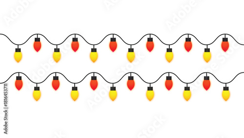 Seamless Horizontal Christmas Lights Border, Vector Garland with Warm Red and Yellow Holiday Bulbs