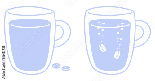 Taking medication for treatment or prevention. Dissolving two tablets in glass of water to take orally. Effervescent pills. Fizzy drug capsules. Pharmaceutical soluble meds. Vector concept