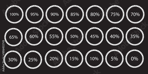 Percentage infographics flat elements. Round diagrams icons for infographics from 0 to 100 percent. Circle graph loading progress templates. Green, grey color fill divided pie charts indicators