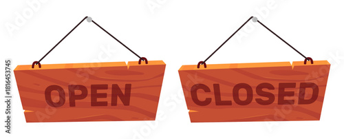 Wooden signs or placards with words Open and Closed. Road signage pointer with inscriptions. Countryside bar door banner hanging on nail. Welcome signboard. Vector plank billboards set