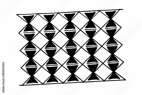Minimalist repeating pattern of black hourglass shapes within diamond grids on a white background design element vector