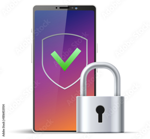 Realistic smartphone with shield on screen. Closed lock. Mobile phone protection. Digital key. User authorization. ID padlock with keyhole. Cellphone data security check. Vector concept