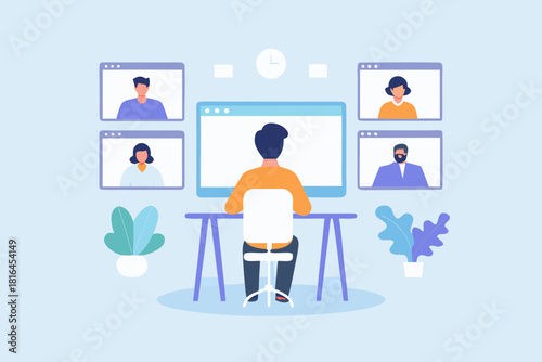 Person participating in a video conference call with multiple participants on screen