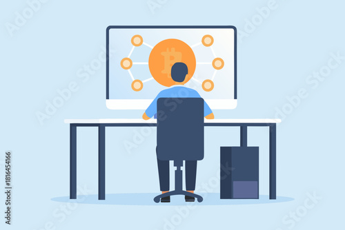 Person sitting at a desk looking at a computer screen displaying a bitcoin network diagram