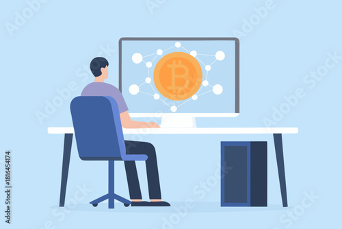 Man working on computer displaying bitcoin symbol and blockchain network on screen