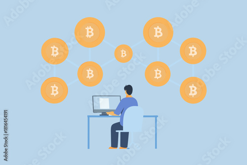 Man at computer interacting with a network of bitcoin cryptocurrency symbols