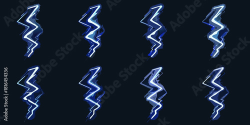 Collection of eight stylized blue lightning bolt illustrations with white highlights on a dark background
