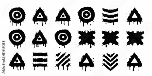 Collection of black dripping grunge symbols and abstract shapes on a white background