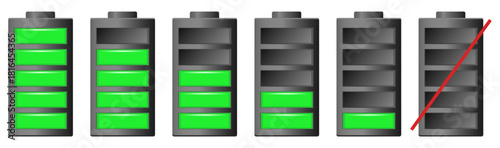 Realistic battery with different charge or voltage levels. Full or low accumulator. Sustainable energy. Electrical power capacity. Recharge technology. Charging indicator vector icons set