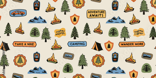 Whimsical hand drawn camping and adventure pattern with trees mountains and campfires