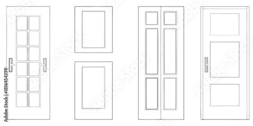 Collection of four different interior door designs with various panel styles and hardware options