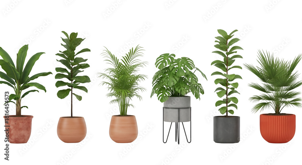 Fototapeta premium Assortment of six potted green houseplants on black background
