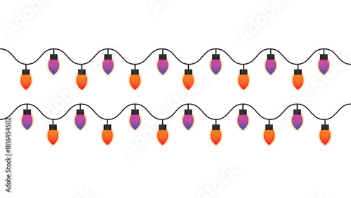 Halloween Party String Lights Border, Seamless Vector Garland with Orange and Purple Bulbs on Transparent PNG