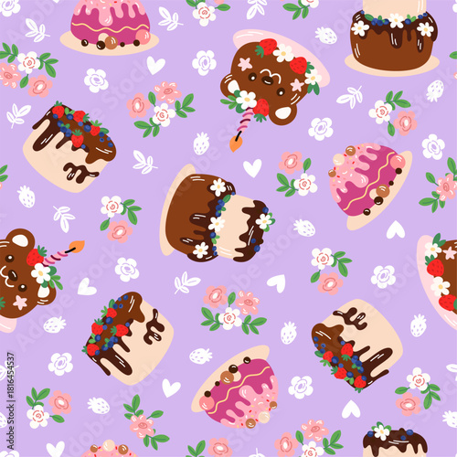 Holiday cakes with candles. Sweet pastries seamless pattern. Birthday dessert. Repeated print. Delicious confectionery. Chocolate glaze and cream. Celebration party food. Vector background