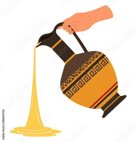 Hand holds ancient Greek vase and pours oil from it. Antique amphora for wine. Flow of cooking liquid. Historical vessel. Jug with handle. Ceramic pitcher with ornament. Vector concept