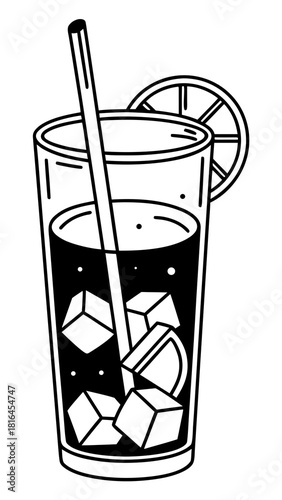 Minimalist illustration of a tall glass filled with a dark liquid ice cubes and a straw with a lemon slice on top vector