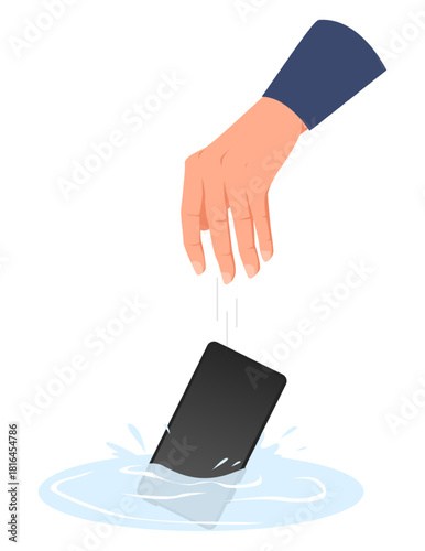 Hand drops your smartphone and it falls into water. Drown mobile in puddle. Broken phone. Electronic device suffered from wet. Failure and misfortune. Waterproof gadget. Vector concept
