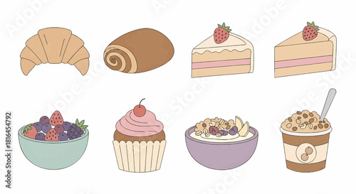 Assorted pastries and desserts displayed on a clean white background for a bakery advertisement
