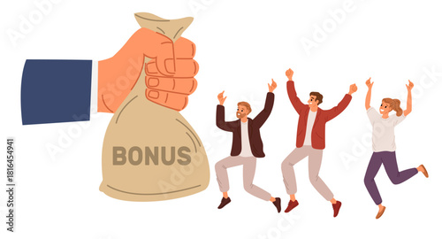 Generous hand with bag of bonuses for employees. Reward for good work. Workers motivation. Employer arm with salary sack. Office payday. Money payment. Cash purse give. Vector concept