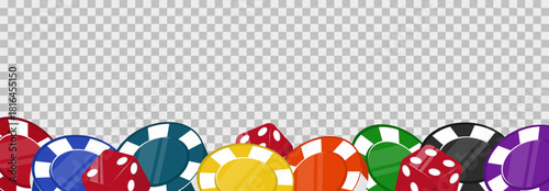Frame made of dice and colorful poker chips for casino games on transparent background. Gambling game winner. Plastic 3D tokens heap border. Vegas roulette win. Vector jackpot backdrop