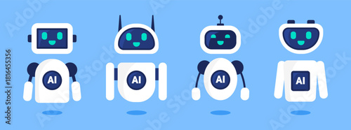 AI Robot Set. Flat-style artificial intelligence robots. Vector