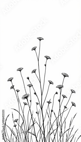 Minimalist a detailed black and white drawing of a field of daisies and grasses with long thin stems reaching upwards vector