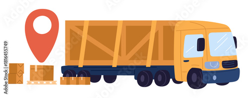 Cargo truck with cardboard boxes and red geotag icon. Logistic tracking. Navigation location pin. Delivery freight transport. Lorry with order parcels. Shipping service. Vector concept