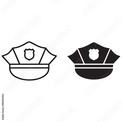 Police Cap Outline and Solid Icon Set