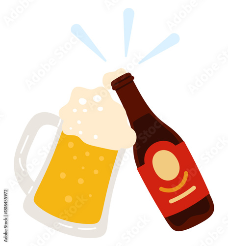 Beer glass with foamy drink and bottle touching for toast. Celebrating with alcoholic drinks. Pub alcohol beverage. Oktoberfest booze cheers. Bar cups clink. Lager brewery. Vector concept