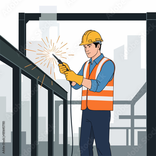 Industrial Welder Working on Steel Structure Beam