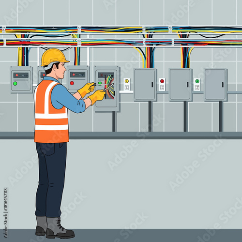 Electrician Working on Wiring and Fuse Box Installation