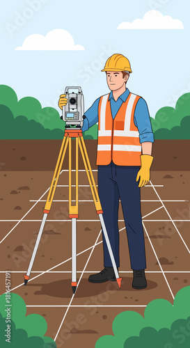 Civil Engineer Surveying Land with Total Station Equipment